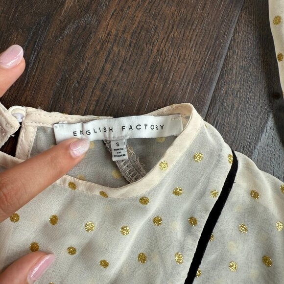 English Factory Women's Long Sleeve Gold Polka Chiffon Babydoll Blouse Top Small - Picture 3 of 5